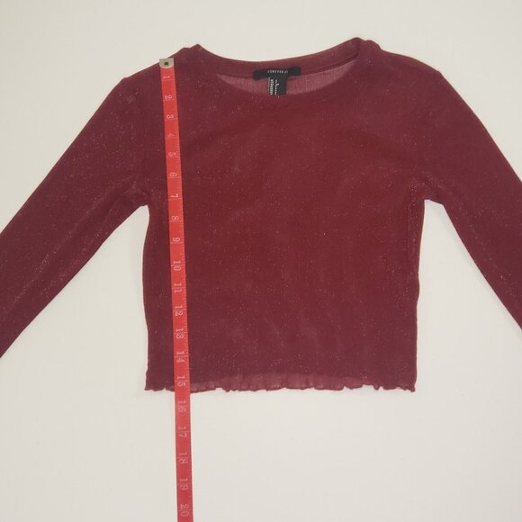 FOREVER 21 Women’s Size Small Mesh Crop Top Red Wine & Gold Shimmer Long Sleeve - Picture 6 of 16